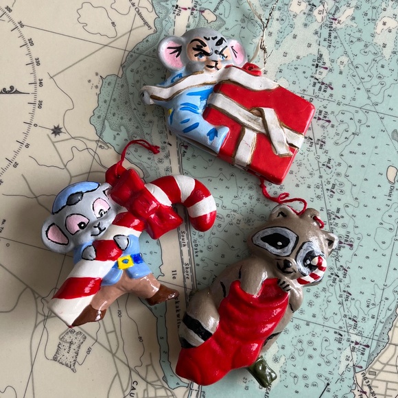 Vintage Hand Painted Ceramic Mouse and Raccoon Ornaments - Picture 1 of 9